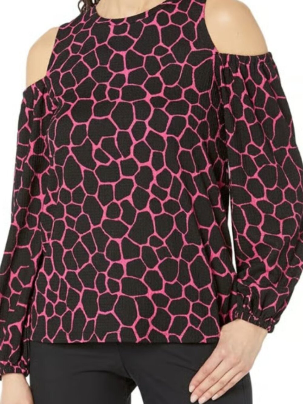MICHAEL Michael Kors Women’s Cold Shoulder Blouse, Giraffe Print Pink/Black